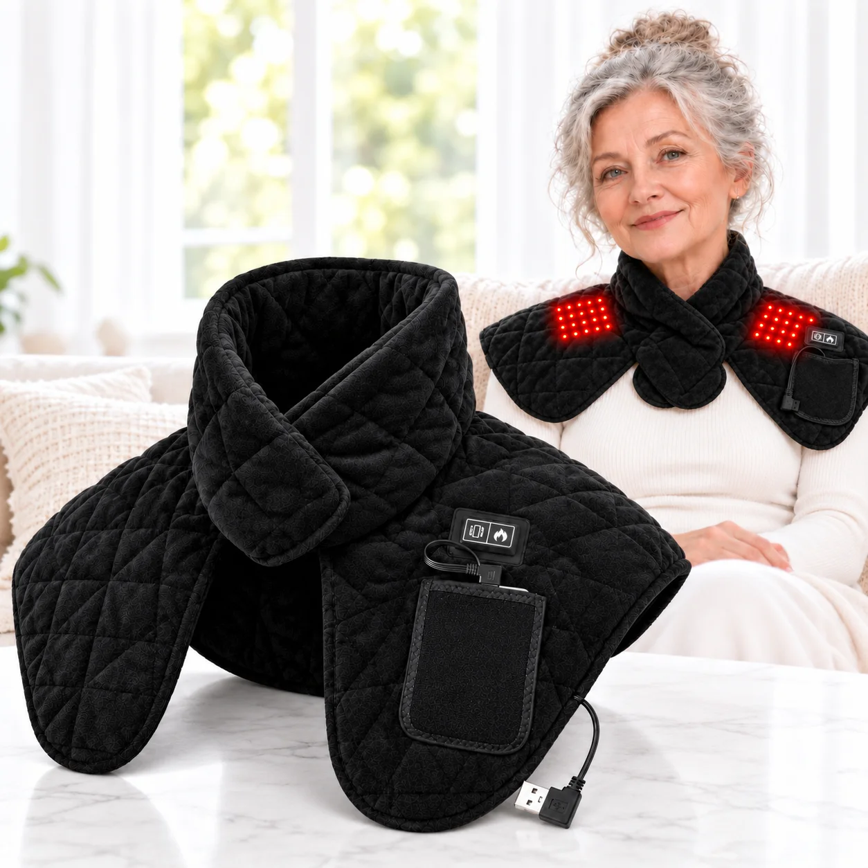 Red Light Heated Shawl for Neck and Shoulders Electric Heating Wrap with 3 Heat Levels and 3 Massage Modes Soft Wearable Design