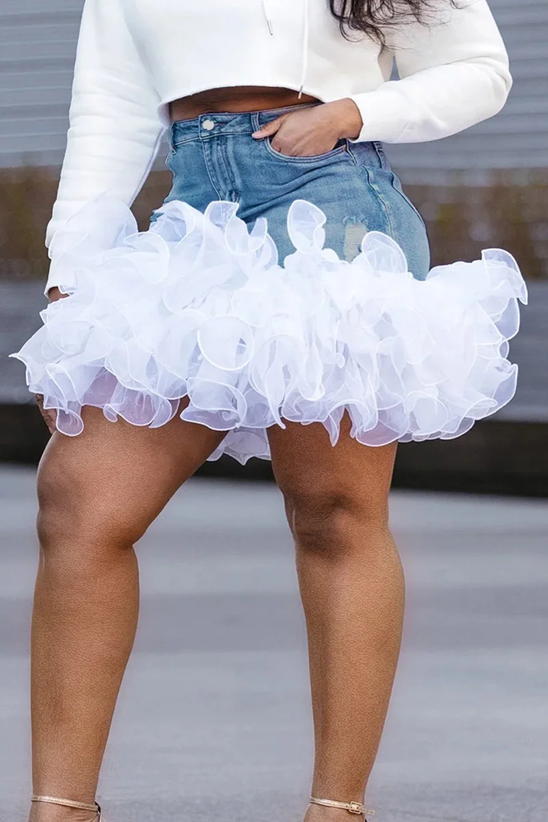 

Женская синяя повседневная джинсовая тюлевая юбка больших размеров с карманами и высокой талией, винтажная уличная одежда, элегантные джинсовые мини-юбки