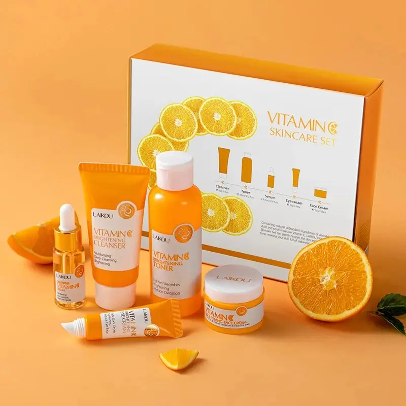 Vitamin C Skin Care Set - 5-Piece Travel Size Kit for Gentle Skin Cleaning - Cleanser, Toner, Serum, Eye Cream and Face Cream