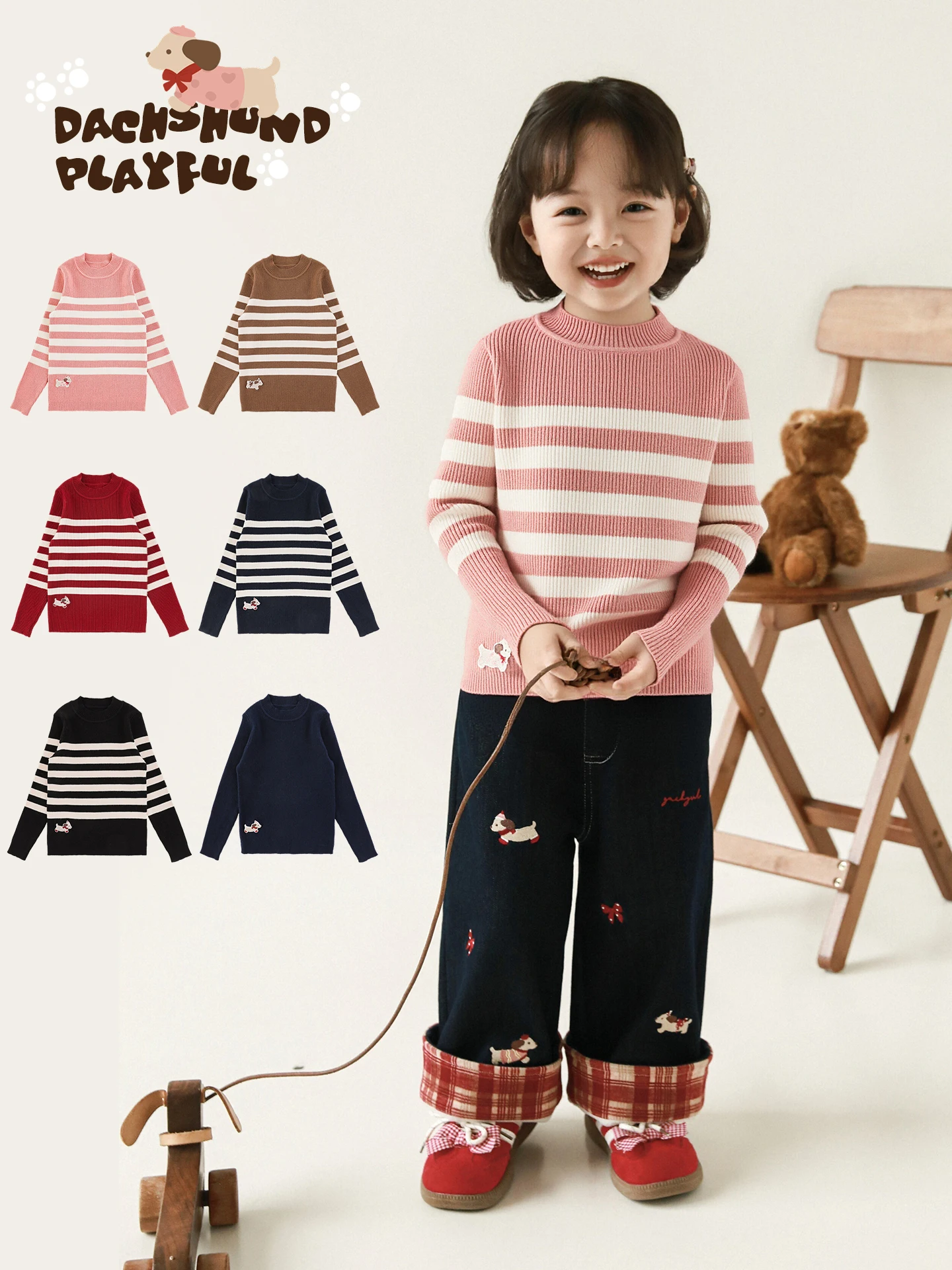 Girls 2025 Korean Stripe Sweater Mock Neck Thermal Cartoon Print BioWarm™ Knit Top Playful Gift Kids 1-7 Years
