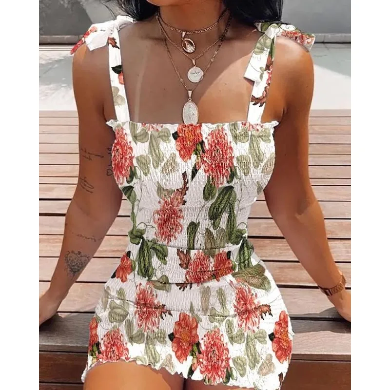 Women\'s summer camisole printed bow art one line collar strapless strapless waist tight commuting mini sleeveless dress