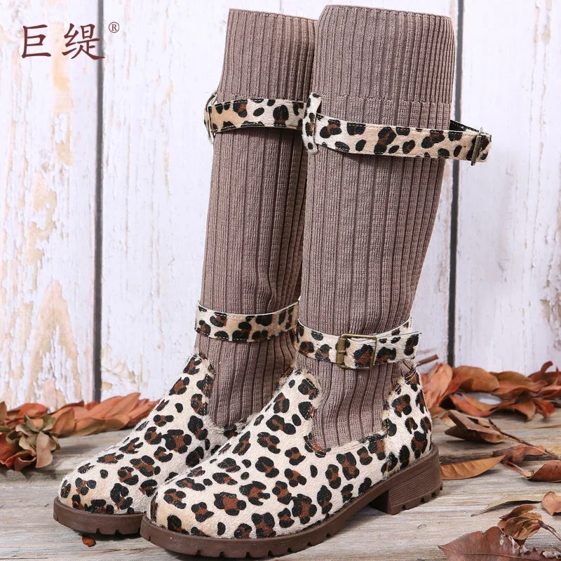 Designer 2024 New Personality Autumn Winter Trade Woolen Boots Mid Length Fashion Breathable Plus Size Leopard print Boots