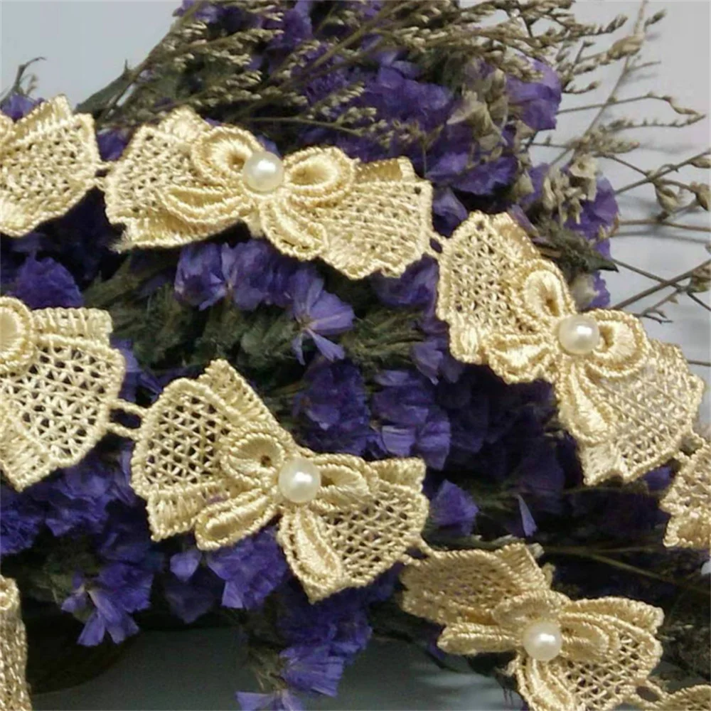 1 Yard Gold Soluble Butterfly Bowknot Pearl Embroidered Lace Trim Ribbon Fabric Sewing Craft Handmade DIY Costume Decoration