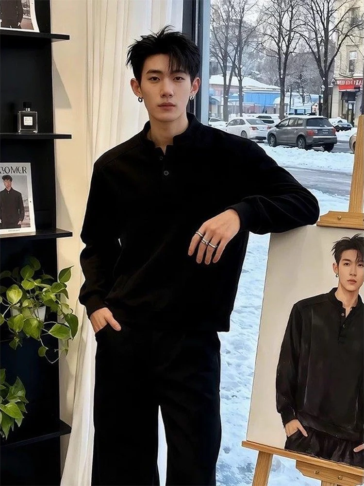 

Men's Long Sleeve Shirt Henry Collar American Style Spring New High Sensation Cool Shoulder Hoodie Inner Wear Base Shirt