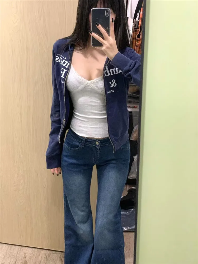 

Retro Blue Spicy Girl Low Waist Flared Jeans Women's Spring Autumn Loose Slimming Non-Matching Legged Tall Extended Wide Leg ...