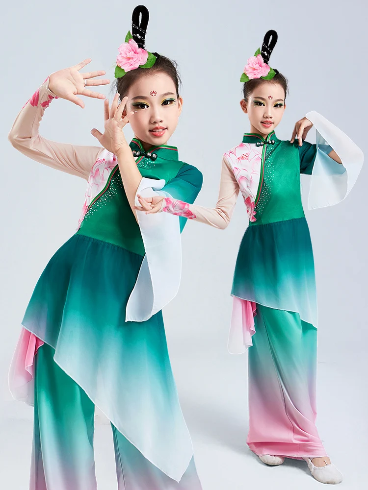

Girls Classical Dance Costume Child's National Sle Performance Outfit Lotus Flower Yangge Dance Practice Suit Children's Wear