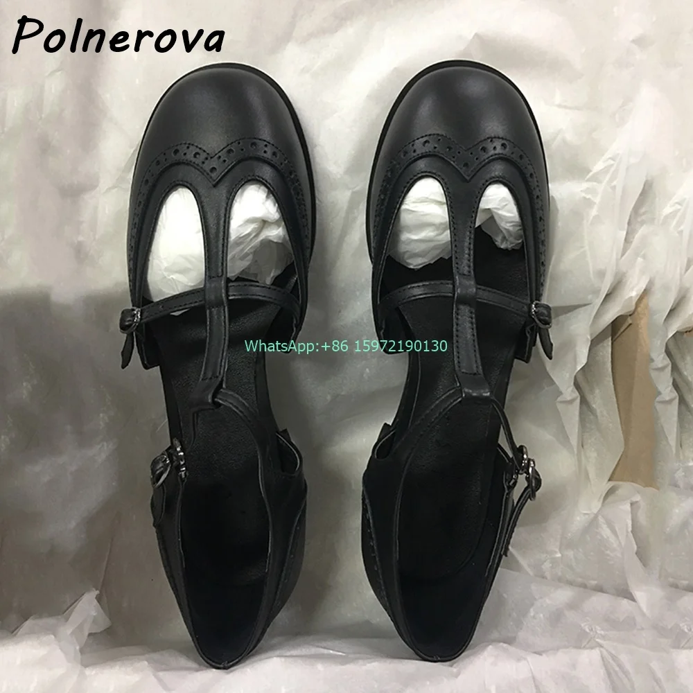 

Leather Hollow T-Strap Pumps Round Toe Flat with Buckle Shoes Solid Black Niche Retro Sewing Ladies Leisure Comfortable Shoes