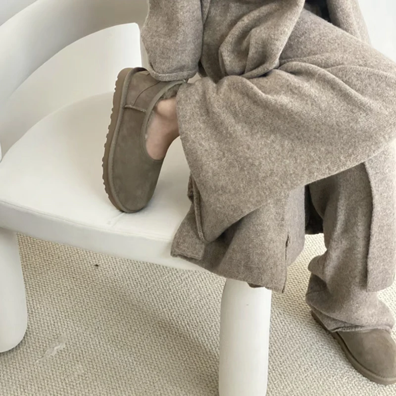 Leather and Fur Integrated Ballet Snow Boots for Women Winter New Short Tube Anti Slip Wool Insulated Flat Bottom Cotton Boots