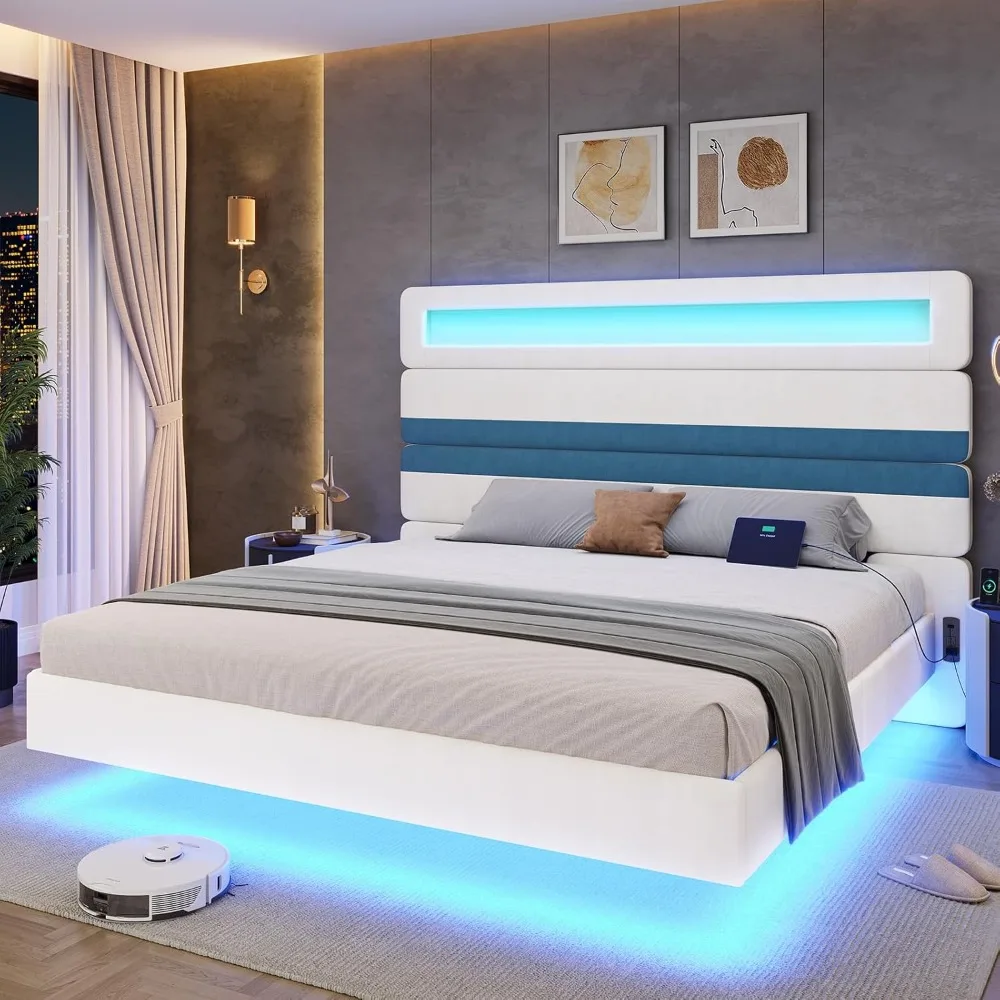 

King Size Bed Frame with 49.2'' Tall Headboard & RGB LED Lights, USB-C/A Charging Station, Storage Headboard, Floating Bed Frame