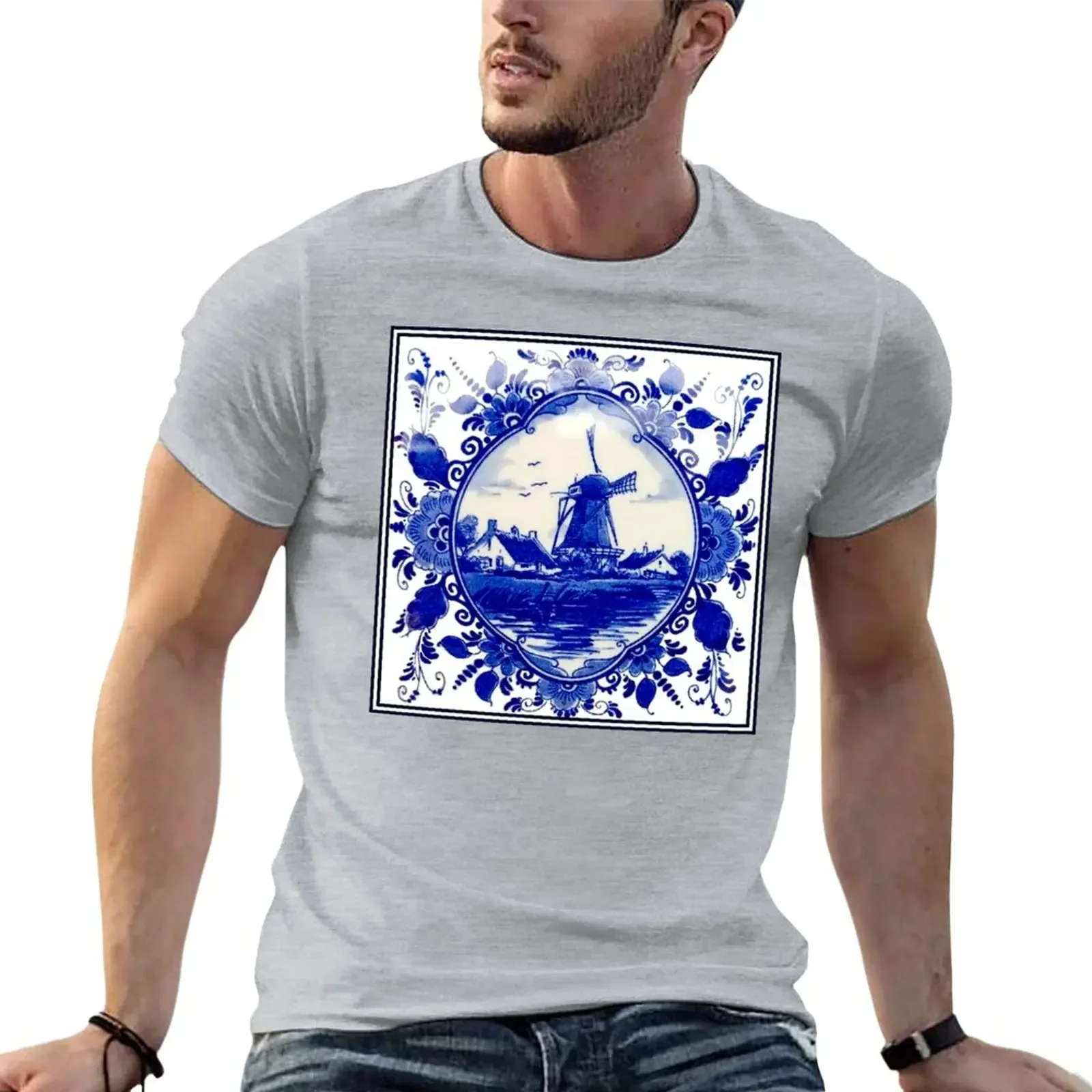 DUTCH BLUE DELFT : Vintage Windmill on River Print T-Shirt blacks aesthetic clothes anime mens workout shirts