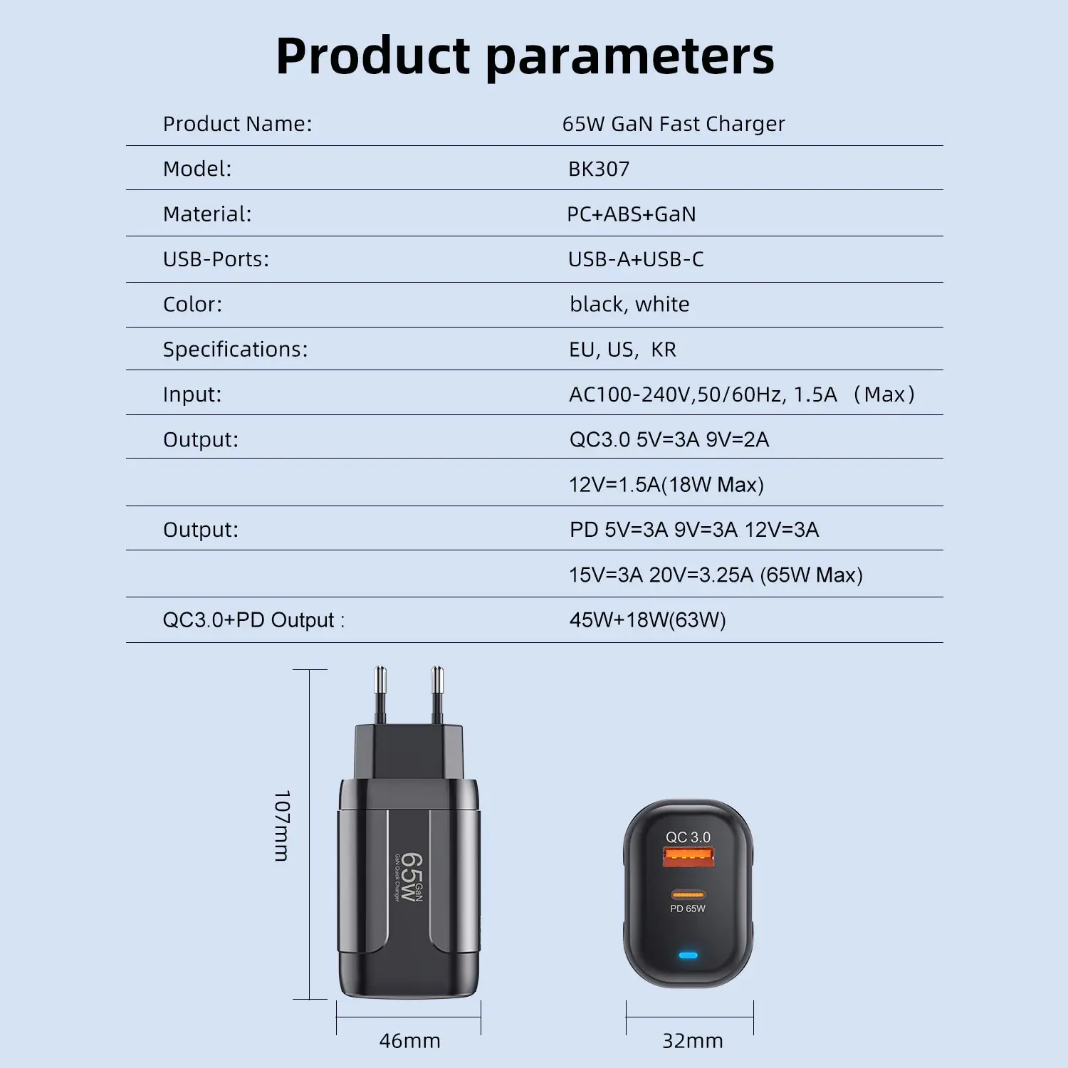 GaN 충전기 USB C타입 PD QC3.0 고속 충전, KR EU 미국 플러그, 샤오미 14 13 아이폰 15 프로 맥스, 삼성 S23 원플러스 레드미 포코, 65W