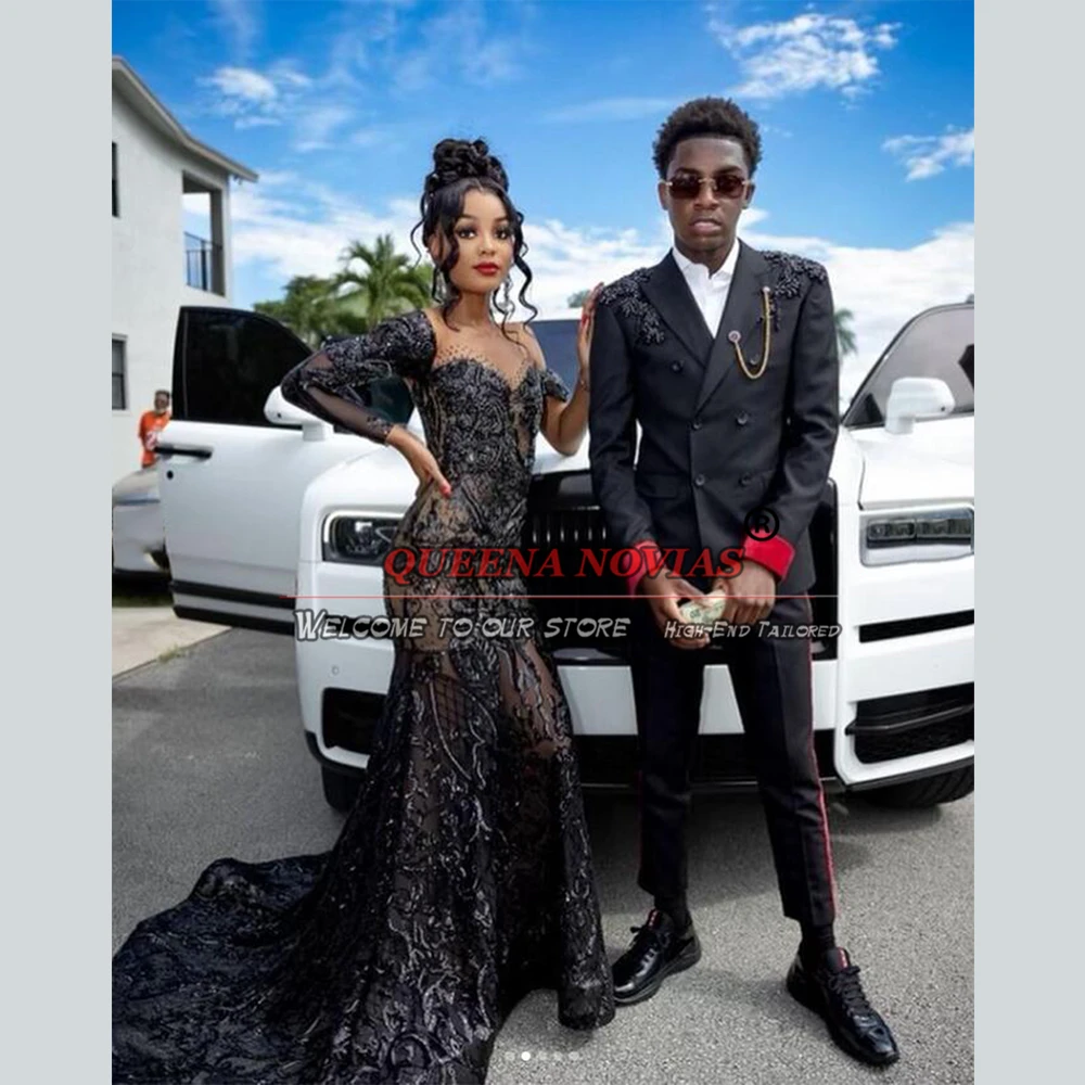 Luxury Black Men Suits For Wedding With Beaded Stone Prom Blazer Custom Made Single Breasted Groom Tuxedos Banquet Costume Homme