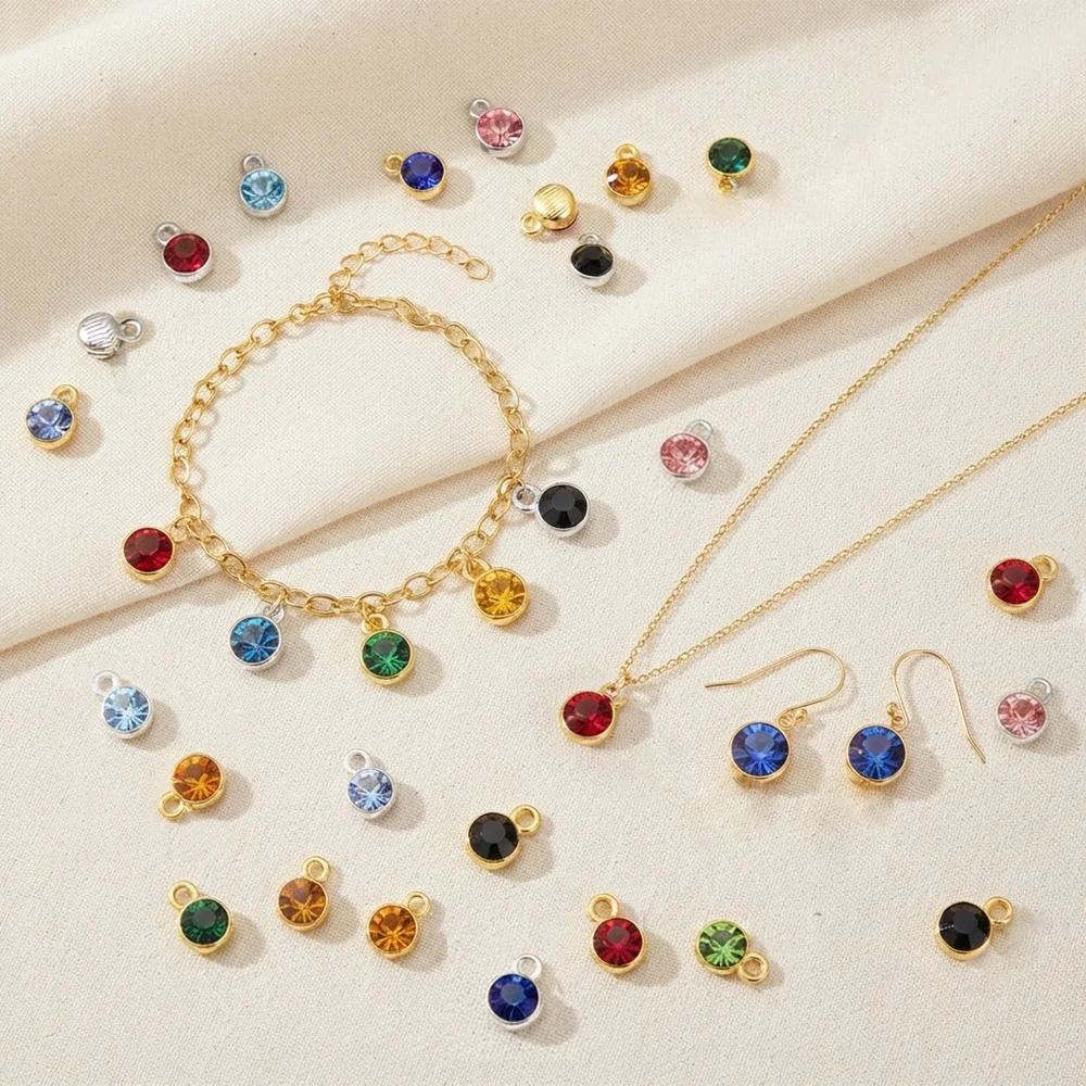 15Pcs Colorful Birthstone Rhinestone Charms Gold Silver Round Crystal Pendant for DIY Bracelet Necklace Jewelry Making Finding
