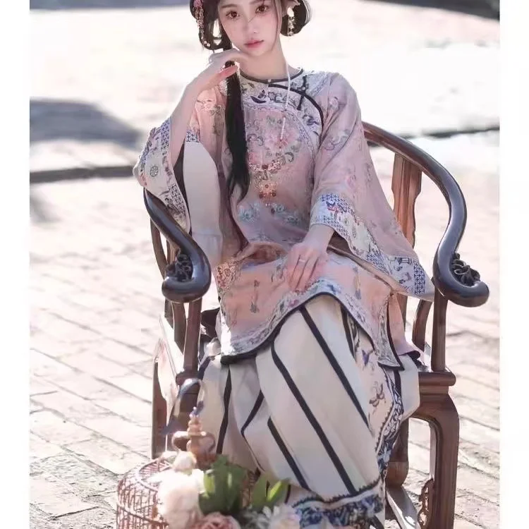 Falda de cara de caballo Hanfu para mujer, ropa étnica de la dinastía Qing de finales, Impresión de industria pesada, clásico, Delgado, Verano