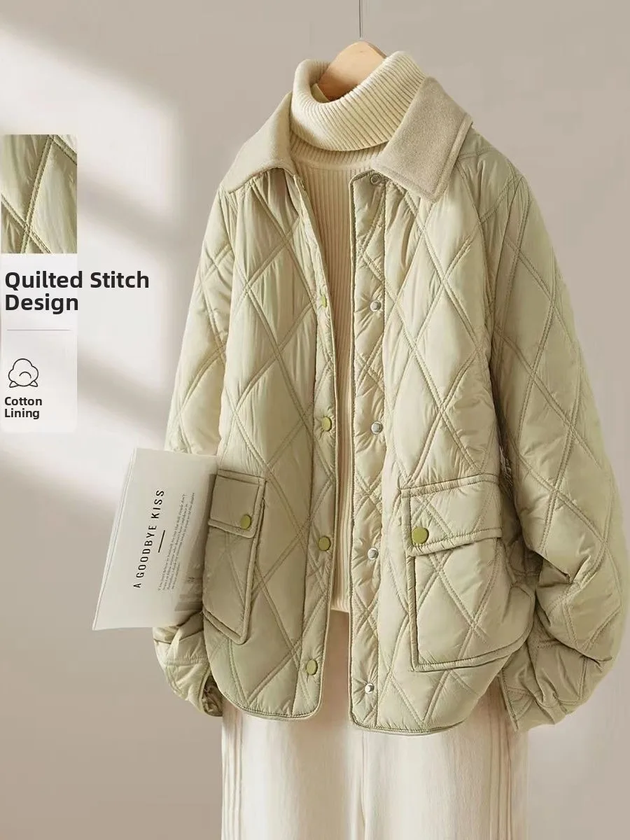 Loose Fit Thiened Cotton Jaet Women's Winter Faionable Warm Quilted Coat Turn-down Collar Diamond Patterned Outerwear