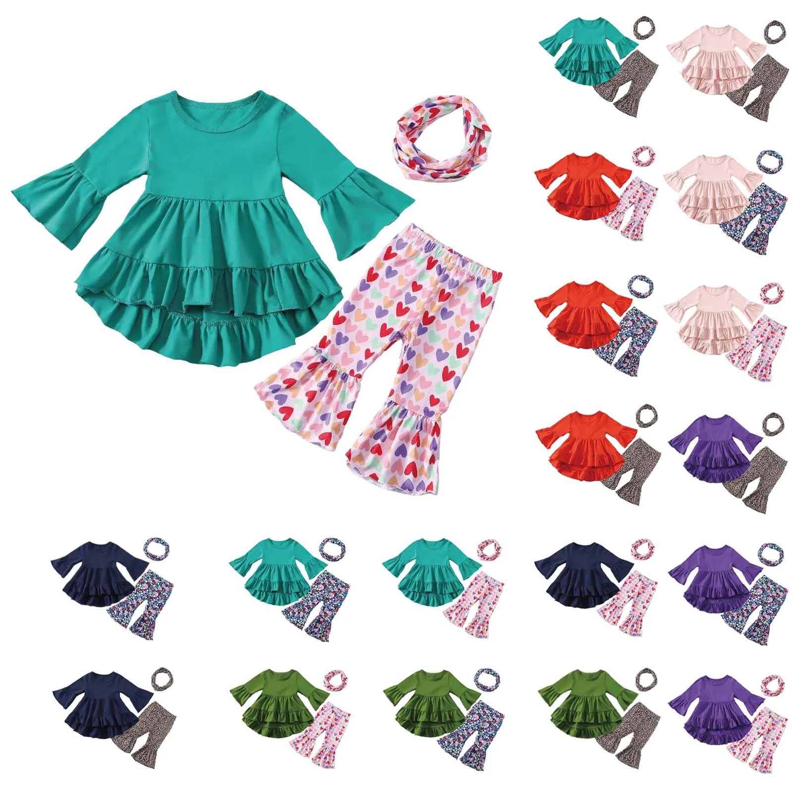 

Baby Girl Spring Autumn Outfit Set Fashionable Solid Color Flared Sleeve Top and Printed Flared Pants Cute Set Kid Clothing Sets