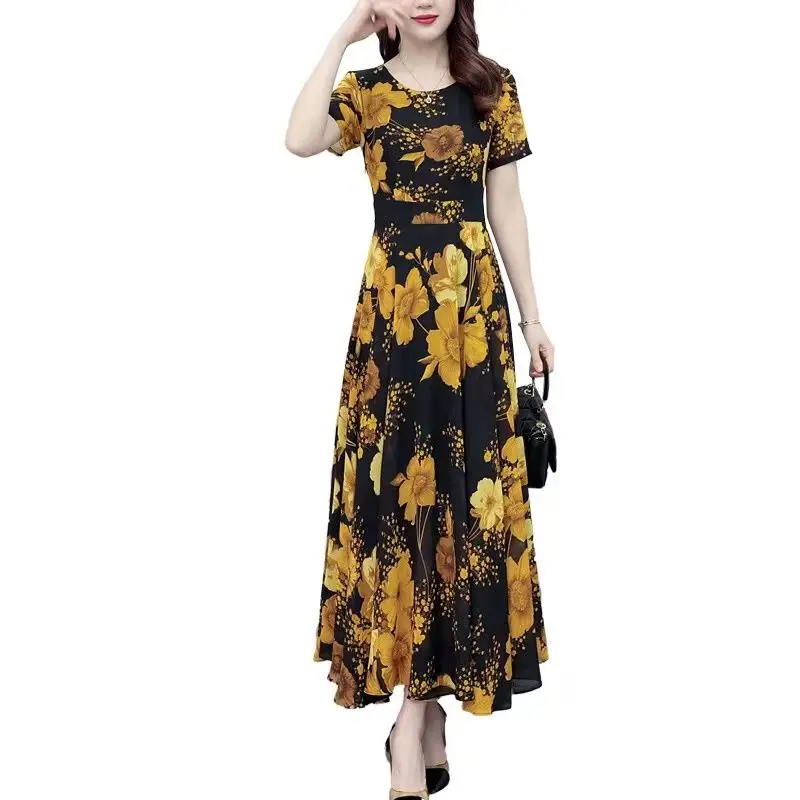 우아한 패션 하라주쿠 슬림 피트 여성 의류 캐주얼 모든 경기 a 라인 스커트 패치 워크 프린트 O 넥 반소매 드레스