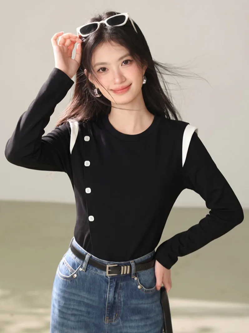 Slim Fit Long Sleeve Base Shirt Women's Fashion Knitted Top Button Design Casual Wear mid Waist Construction Open Split Design