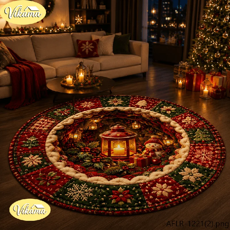 Snow & Gift Christmas Flannel Lantern Round Rug, Non-Slip Washable Xmas Mat for Living Room Bedroom Nursery Playroom Kids Room