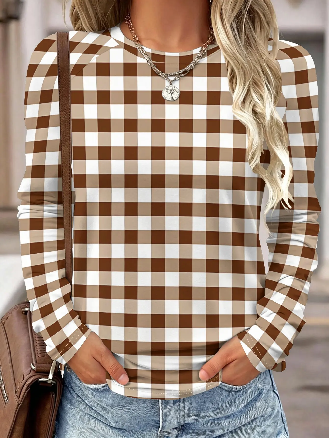 Women Long Sleeve Shirt Yellow Blue Brown Plaid Check Print Round Neck Raglan Casual Fall Daily Tops Women's Clothes view 2