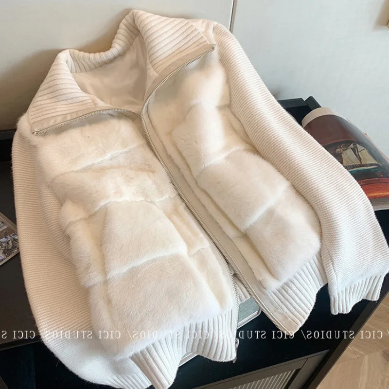 المرأة محبوك سترات معطف تقسم سترة سستة فو فرو منك الصلبة رفض طوق كم طويل فضفاض عادية 2025 الخريف الشتاء #1