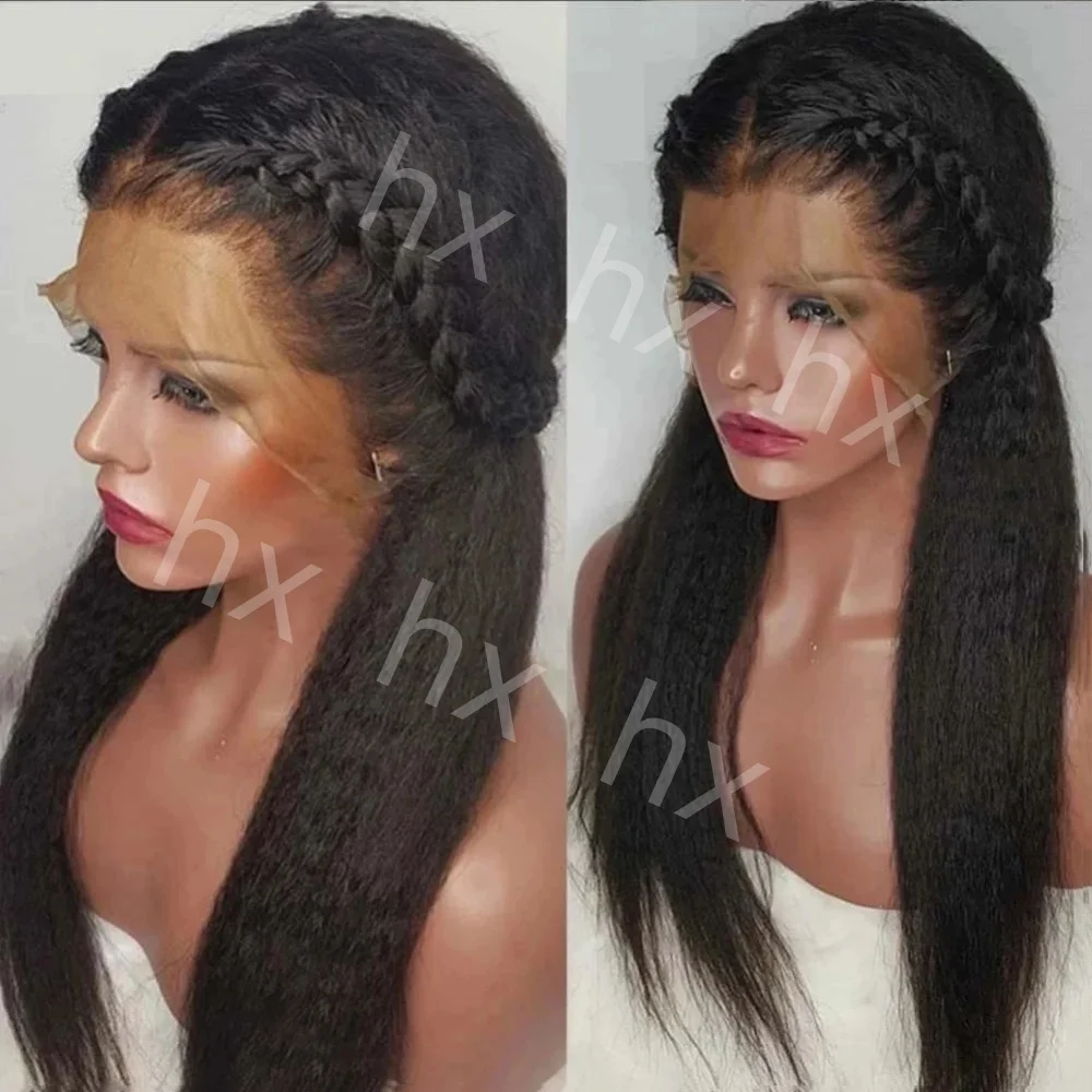 

Yaki Natural Black 180Density Kinky Straight Long 26Inch Preplucked Lace Front Wig For Women With Glueless Soft BabyHair Daily