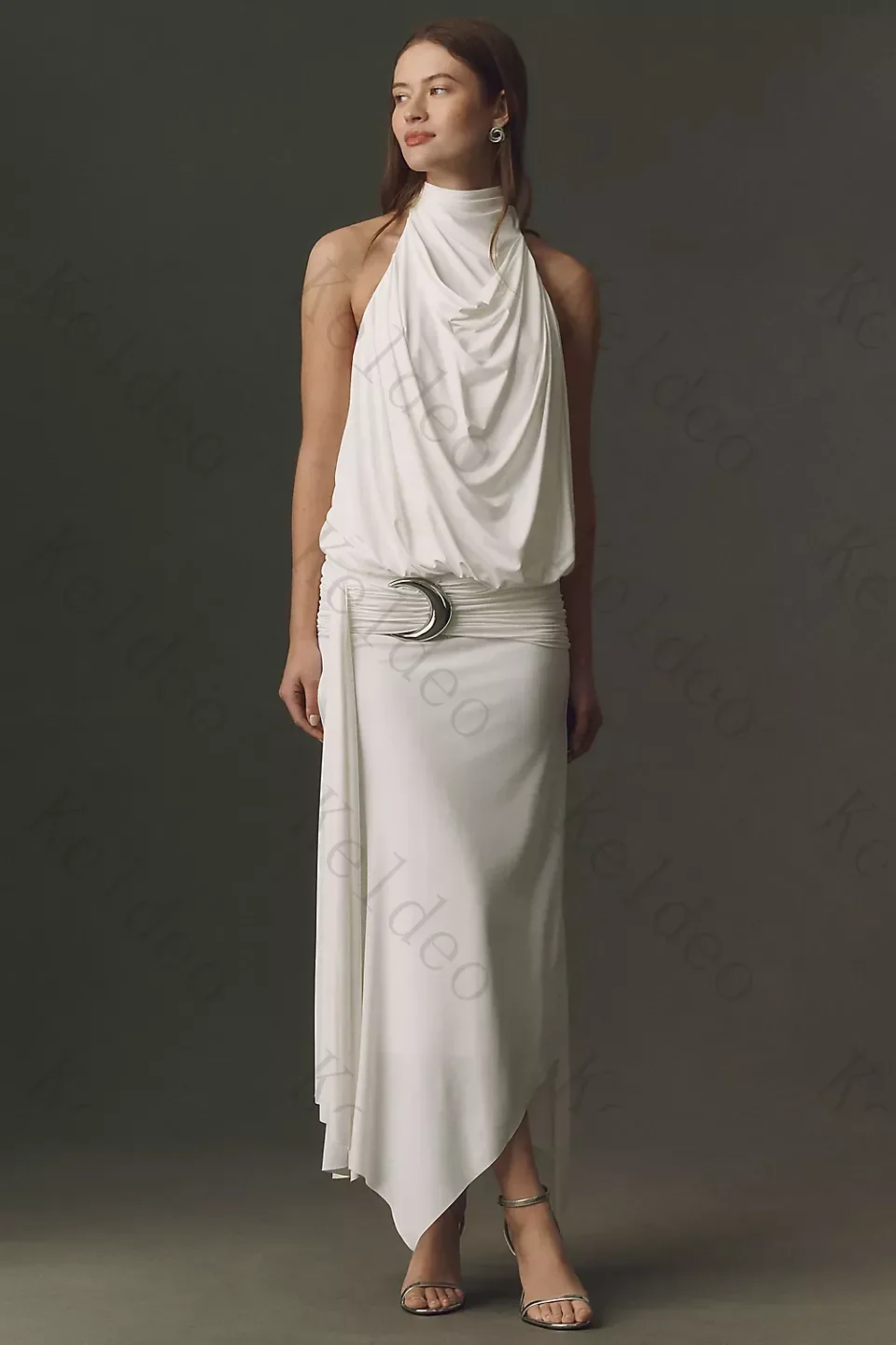 Customized Modern Draped Sheath Wedding Dresses Halter Neck Sleeveless Open Back Waist Belt Asymmetrical Midi‑Length Bridal Gown