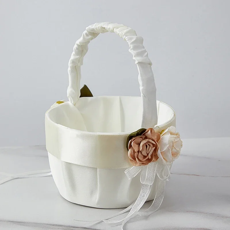 Panier de fleurs ivoire pour fille, 1 pièce, oreiller porteur d'anneaux avec fleur pour décoration de fête de mariage, fournitures de mariage