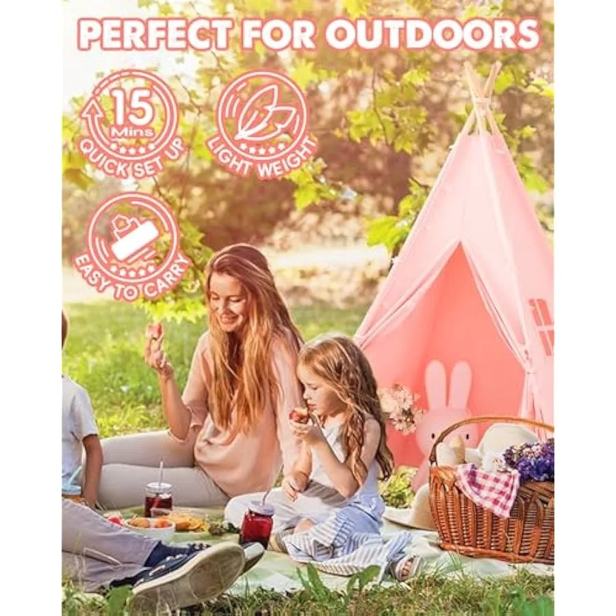 Teepee Tent with Lights and Carry Bag Natural Cotton Canvas Toddler Play Tent for Girls and Boys Washable Foldable Indoor Outdo