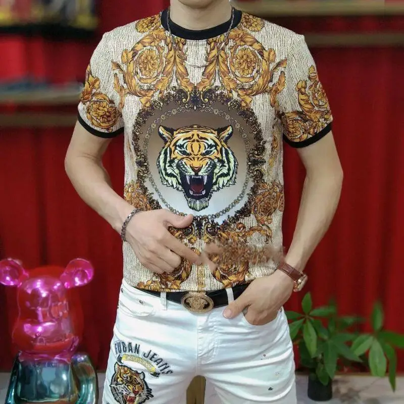 Tiger Floral Print T Shirt For Men Short Sleeve Slim Fit Fashion Summer Quality Breathable Elastic Anti-Wrinkle Trends Camisetas