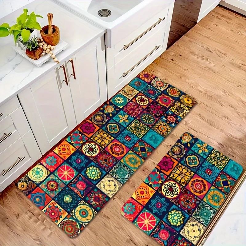1pc Vibrant Bohemian Style Square Non-Slip Sponge Floor Mat, 8mm Thick, Machine Washable Polyester - Perfect for Kitchen, Bathro