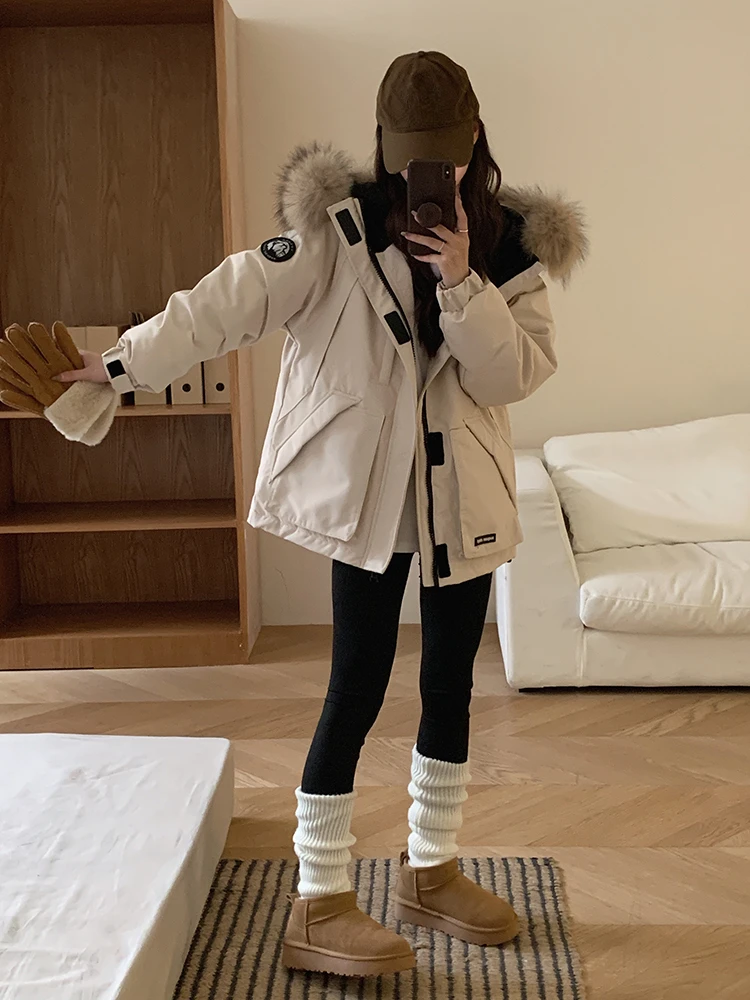 Fashion Winter New Clothing Female White Duck Down Large Fur Collar Hooded Down Jacket Loose Casual Thickened Warm Short Parkas