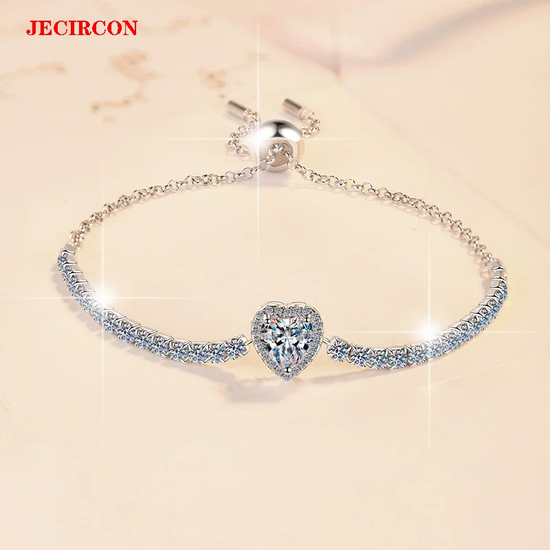 

JECIRCON 1-каратный браслет из муассанита в форме сердца, серебро S925 с мини-цирконовыми акцентами, регулируемый дизайн из бисера-слайдера