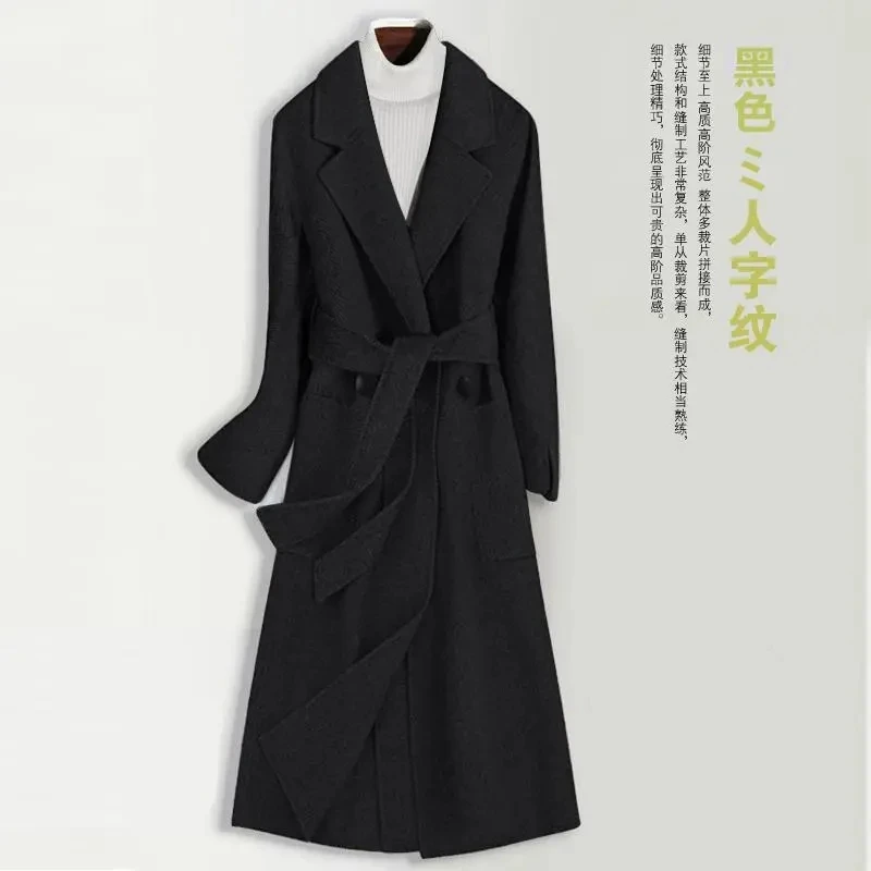 

Femmes Mid-length Double-Sided Cashmere Wool Jacket Womens New Spring Autumn Coat Black Thick Belt Clothes Female Outerwear 3XL