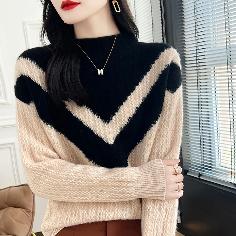 New Women\'s Clothing Autumn Winter 100% Wool Thickened Knitted Pullover Loose Large Size Tops Contrasting Color Stand Up Collar