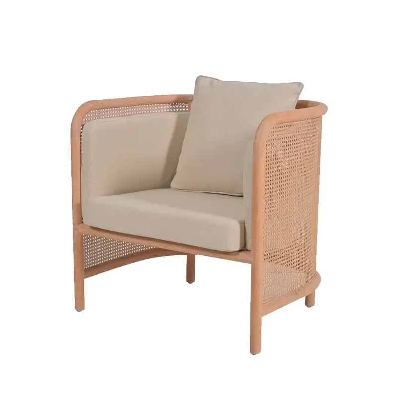 In Stock Sales Mid century Natural Solid Wood Frame Rattan Wicker Accent Single Sofa for Wedding Event with Arm