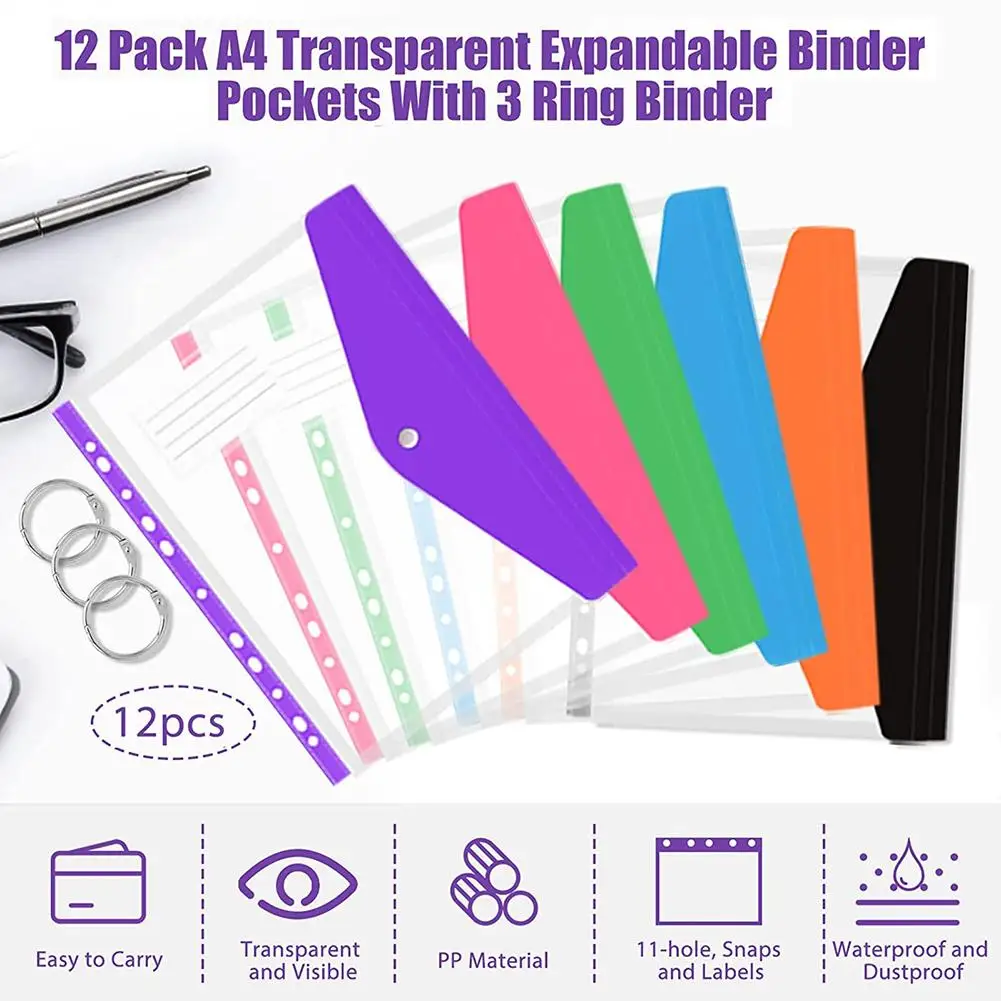 12Pcs ขยาย Binder Pocket A4พลาสติกใสซอง11หลุม Binder เอกสารสัญญากระเป๋าคลิป3แหวนอุปกรณ์สำนักงาน