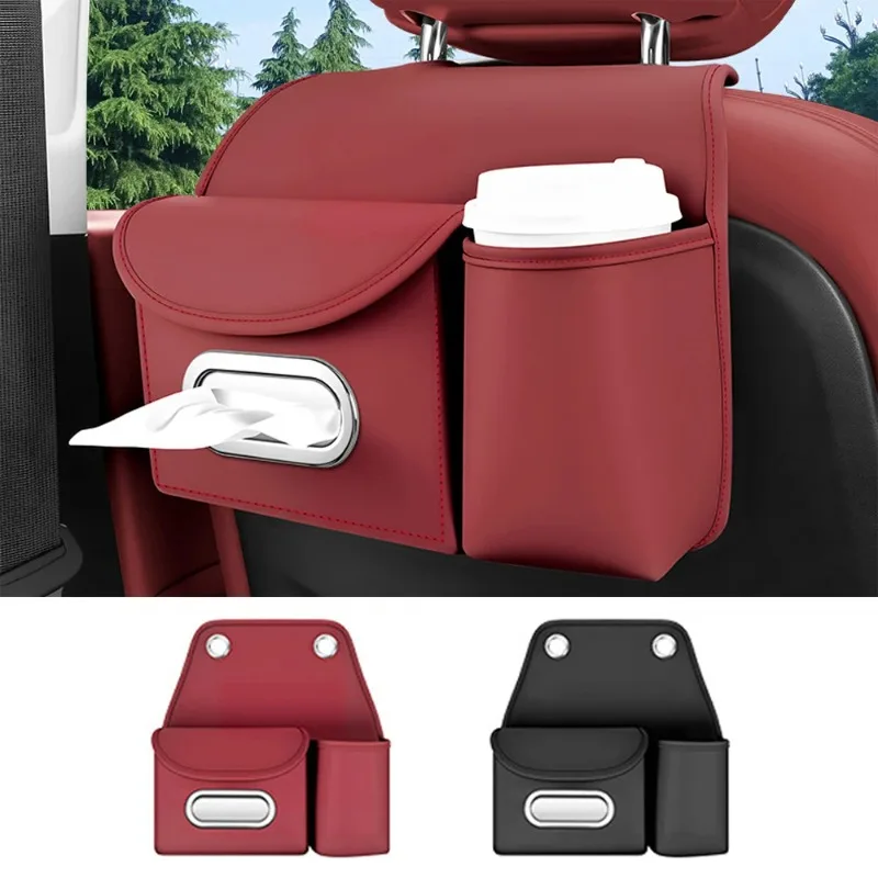 Leather Car Seat Back Organizer Multifunctional Tissue Box with Cup Holder Durable Rear Seat Storage Bag Interior Accessories