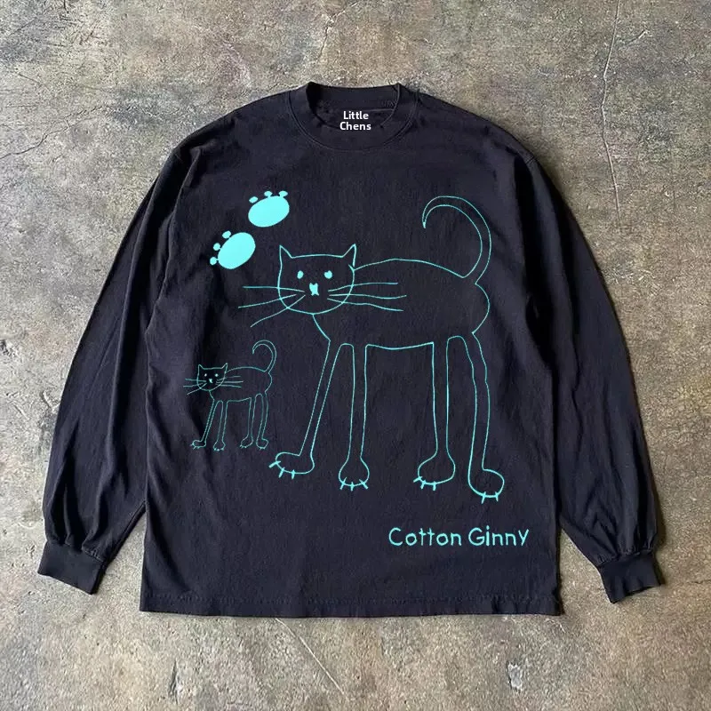 Pure Cotton Long Sleeve T-Shirt 310g Heavyweight American Retro Oversize Streetwear Versatile Miao Xiu Story T-Shirt