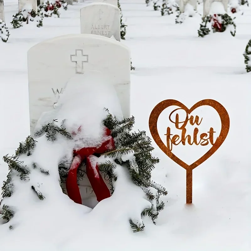 CIFBUY 1pc Heart Shaped Rusted Metal Grave Stake with German Phrase 