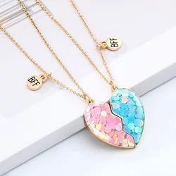 1 pair of alloy couple sequined heart-shaped or cat BFF girl best friend puzzle friendship pendant necklace