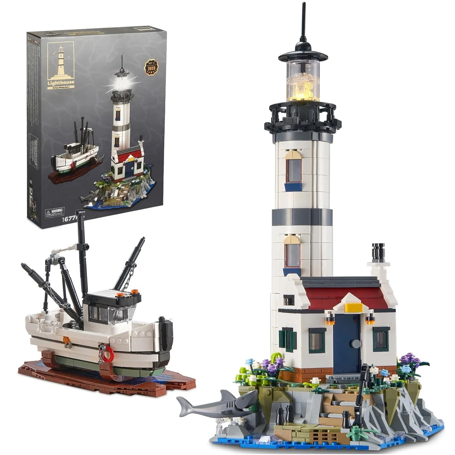 1677PCS Electric Lighthouse Building Blocks Fisherman Rescue Boats Lighthouse Bricks Set With Light Desktop Deco Kids Toys Gifts