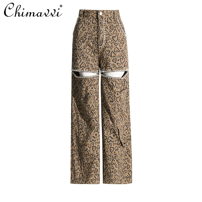 High-end Leopard Jeans 2024 Summer Clothes New Fashion Printed Diamond Loose-fit Streetwear Straight Casual Women's Trousers