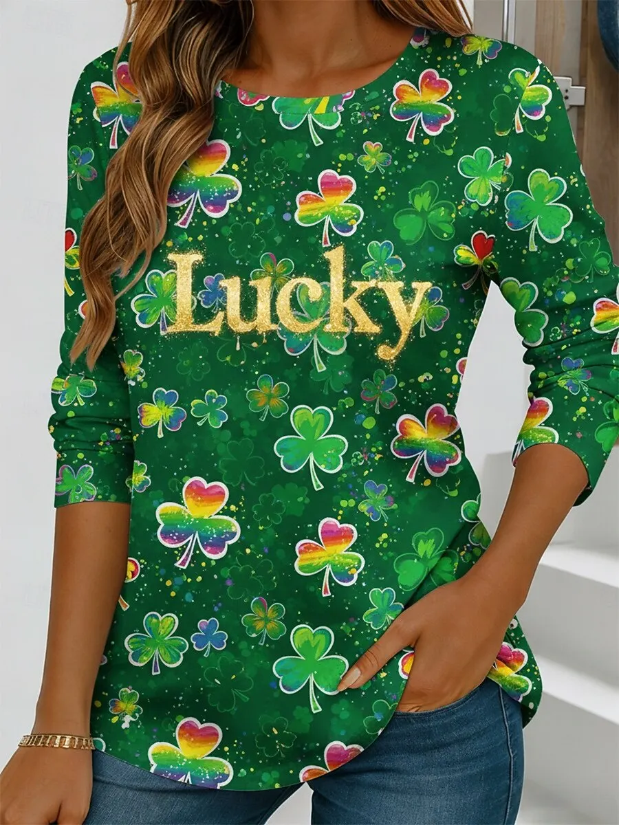 St.Patrick’s Day Green Lucky Clover element women's long-sleeved T-shirt 3D print round neck Festival Women Clothing Tops Tees