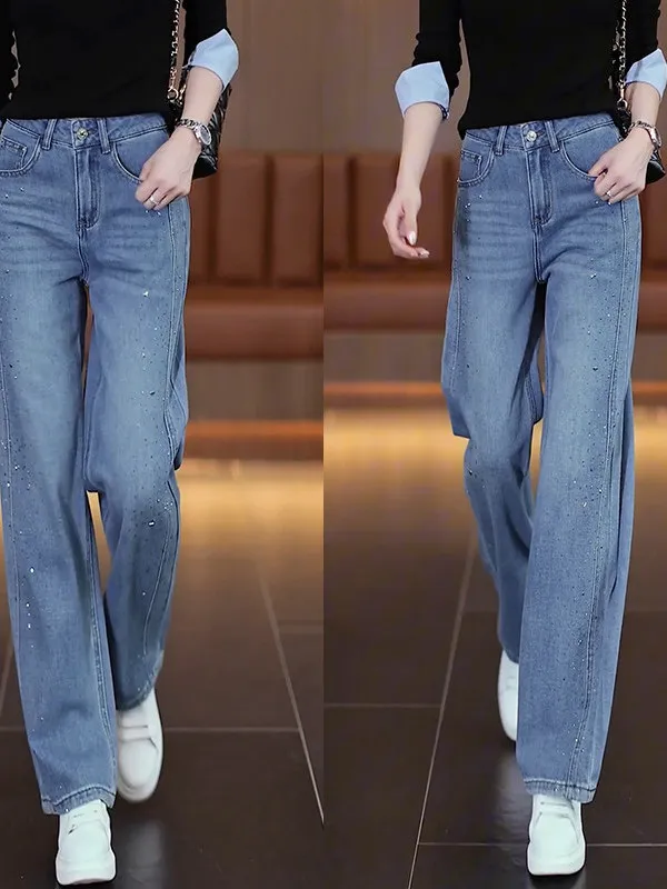 

Fashionable Wide Leg Denim Jeans Women's Autumn New Style Slimming Age-Defying Versatile Rhinestone Straight Leg Casual Pants