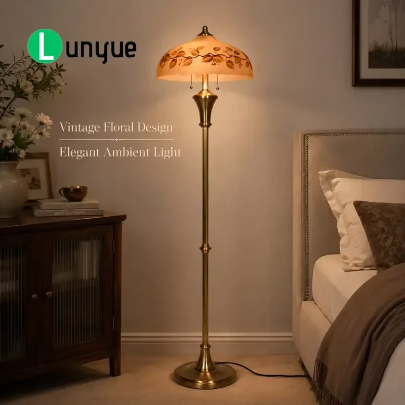 Hand Painted Glass Lampshade Floor Lamp Retro Brass Standing Light with E27 LED Bulb Switch Control for Home Hotel Decoration