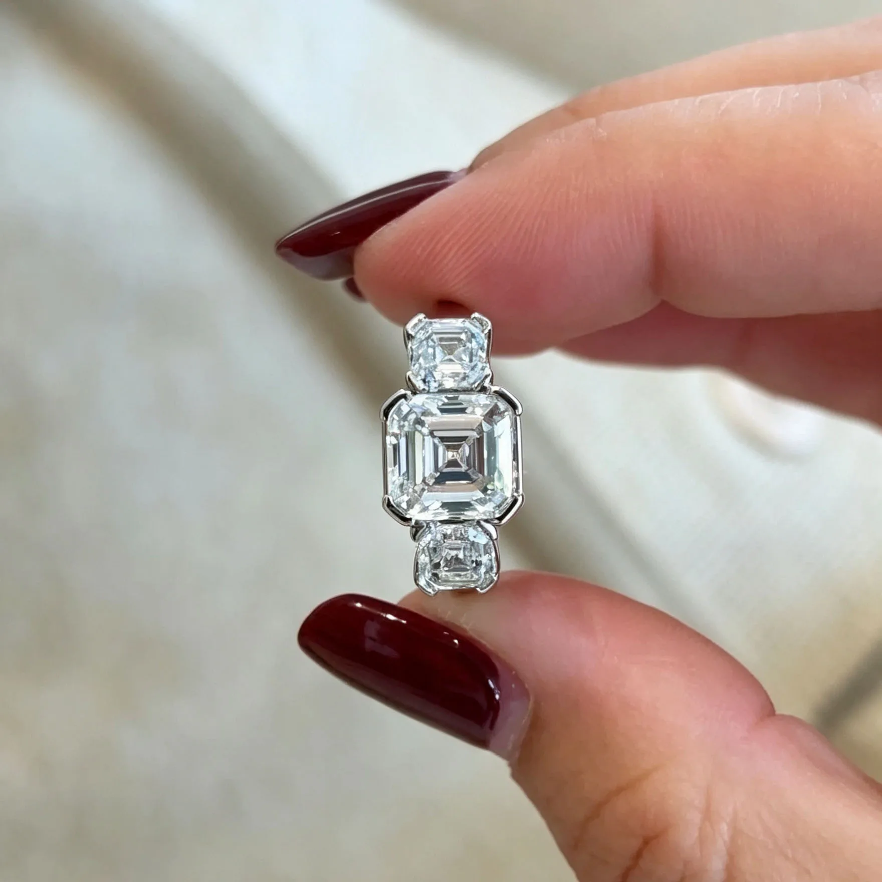 Premium 3CT Asscher Cut DEF VS-VVS Lab Grown Diamond IGI Certified Solid Platinum 950 Three Stone Ladies Engagement Wedding Ring