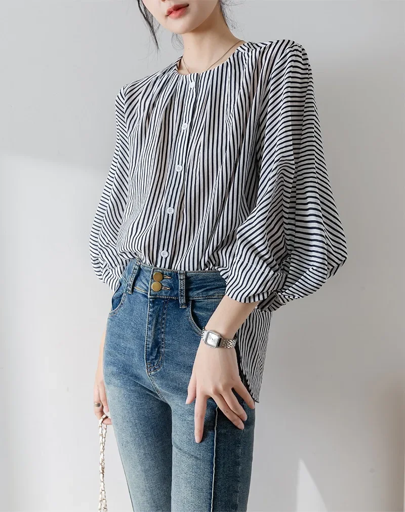 Stripes Vintage Women Blouses Spring/summer New Casual Women's Shirts Loose Korean Clothing Sales O-neck Chiffon Tops