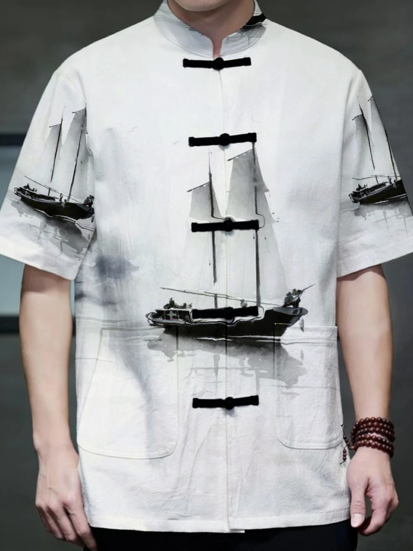 Men Retro Ink Art Print Tang Suit Top Boat Landscape Pattern Button Placket Casual Holiday Party Blouse