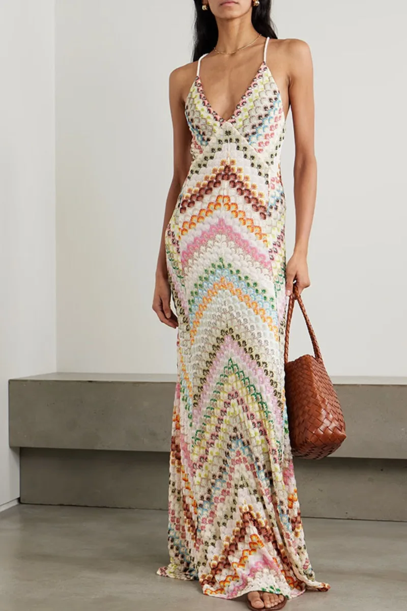 Bohemian Multicolor Chevron Halter Maxi Dress Retro Deep V Neck Criss Cross Backless Sleeveless Pleated Draped Dresses Holiday